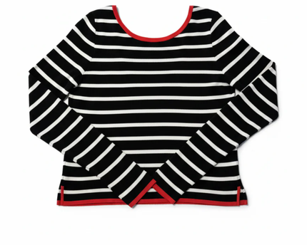 Zara Black and White Striped V-Neck Knit Sweater with Red Trim