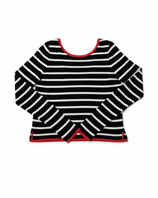 Zara Black and White Striped V-Neck Knit Sweater with Red Trim