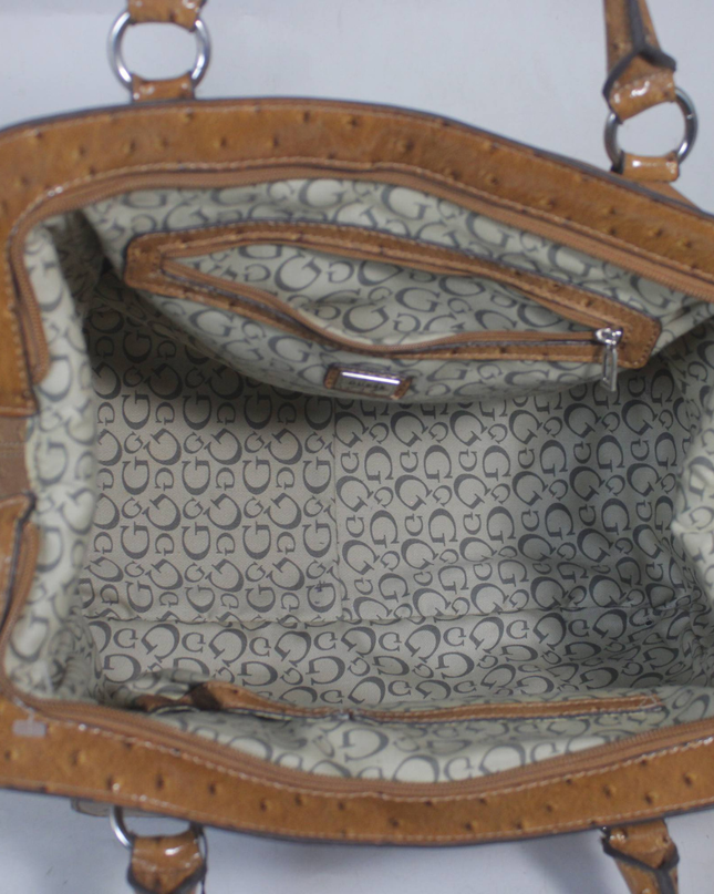 Guess Brown Ostrich-Embossed Satchel Handbag