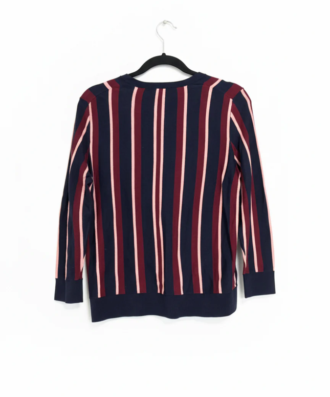 Ann Taylor Navy Blue, Burgundy, and Pink Striped Petite Cardigan