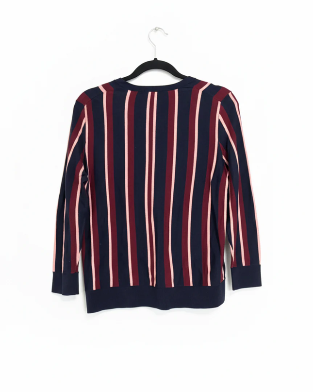 Ann Taylor Navy Blue, Burgundy, and Pink Striped Petite Cardigan