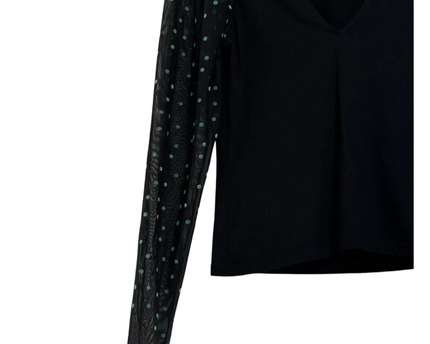 RESERVED Black V-Neck Top with Polka Dot Mesh Sleeves