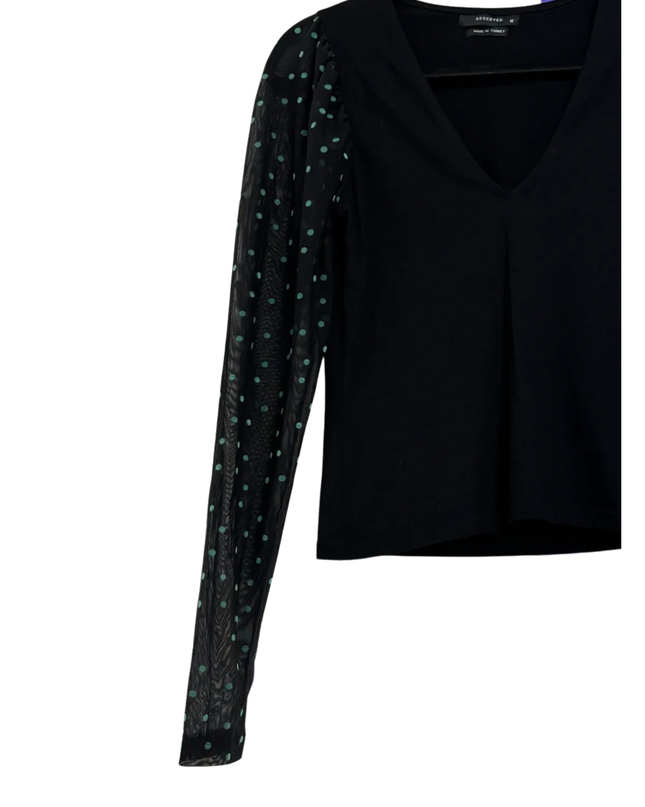 RESERVED Black V-Neck Top with Polka Dot Mesh Sleeves