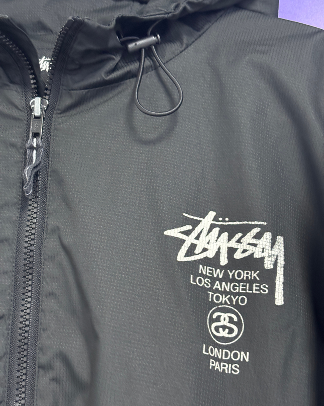 Stussy World Tour Hooded Black Windbreaker Jacket