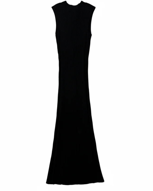 Maje Black Ribbed Zip-Neck Sleeveless Midi Dress