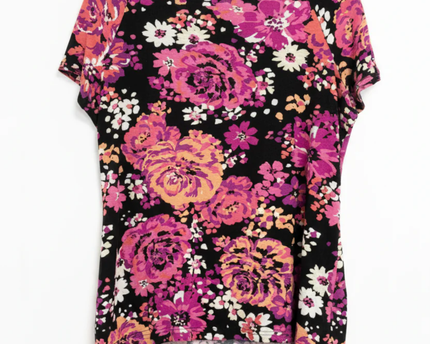 Croft & Barrow Black Floral Short Sleeve Pleated Neck Blouse