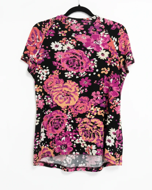 Croft & Barrow Black Floral Short Sleeve Pleated Neck Blouse