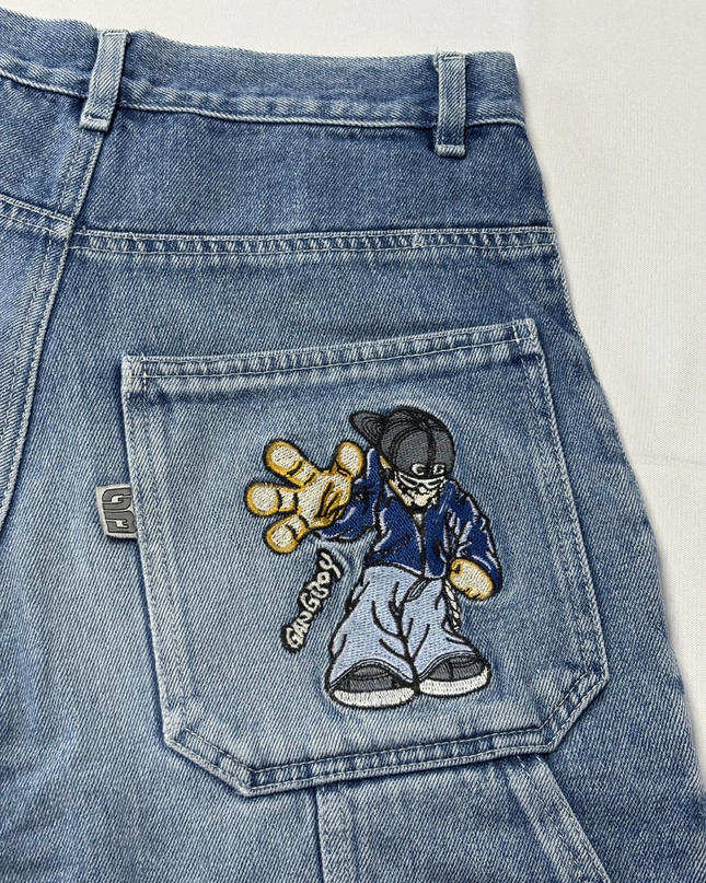 Gang Boy Blue Embroidered Baggy Denim Shorts