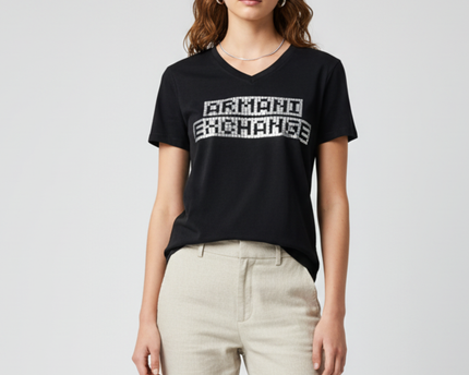 Armani Exchange Black V-Neck with Metallic Grid Print Logo T-Shirt