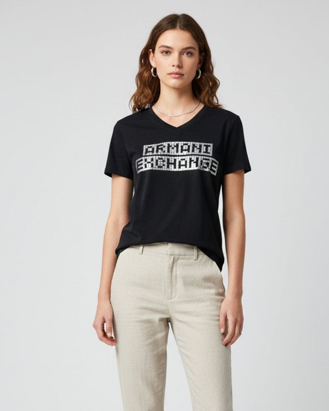 Armani Exchange Black V-Neck with Metallic Grid Print Logo T-Shirt