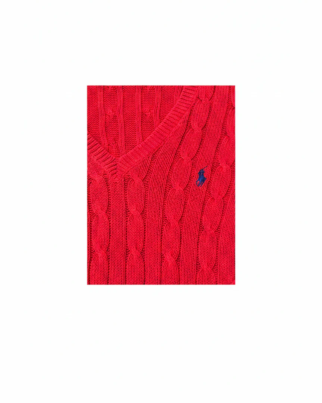 Ralph Lauren Red Cable Knit V-Neck Sweater
