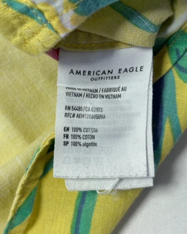 American Eagle Yellow Tropical Floral Short Sleeve Button Down Shirt