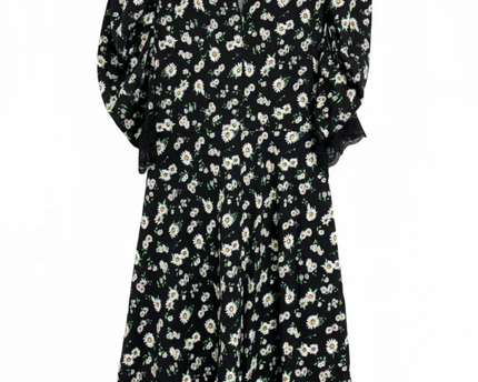 ASOS DESIGN Black Floral Daisy Puff Sleeve Mini Dress with Lace Trim