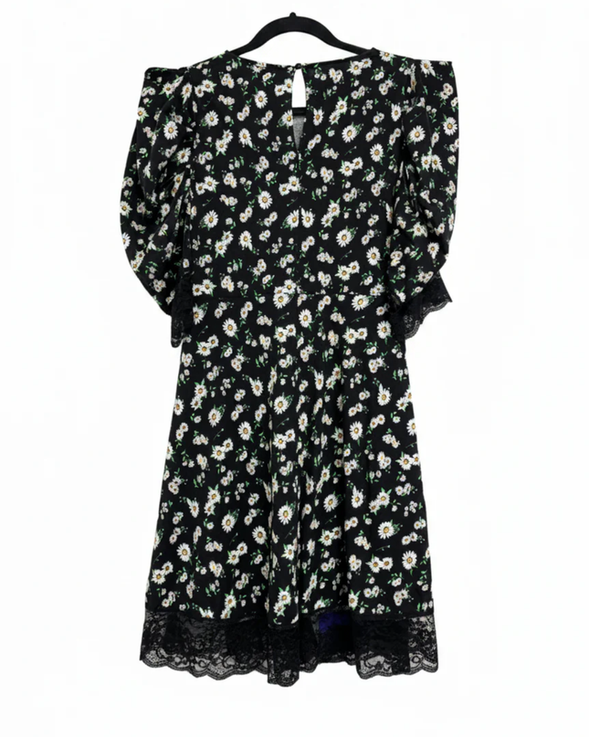 ASOS DESIGN Black Floral Daisy Puff Sleeve Mini Dress with Lace Trim