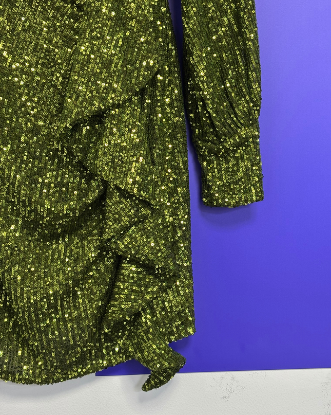 Little Mistress Green Sequin Ruffle Mini Wrap Dress