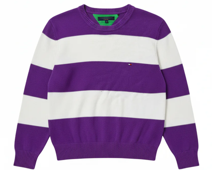 Tommy Hilfiger Purple and White Striped Crewneck Knit Sweater