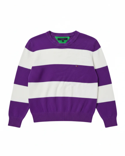 Tommy Hilfiger Purple and White Striped Crewneck Knit Sweater