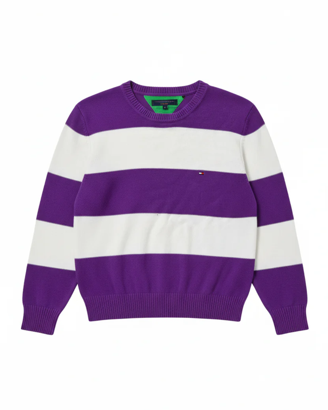Tommy Hilfiger Purple and White Striped Crewneck Knit Sweater