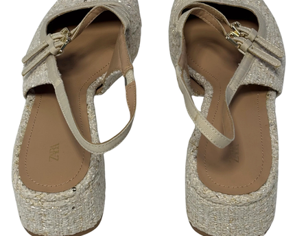 Zara Beige Tweed Slingback Block Heel Shoes