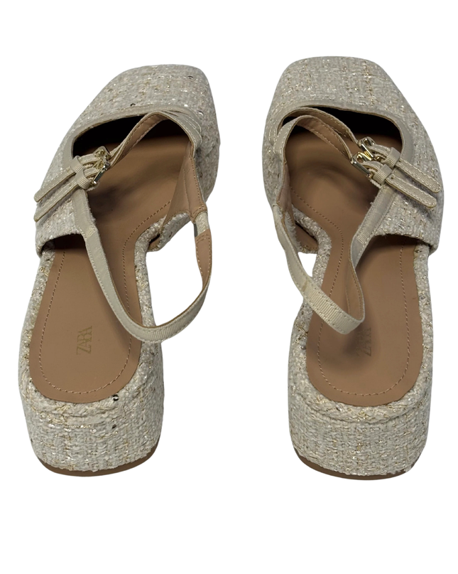 Zara Beige Tweed Slingback Block Heel Shoes