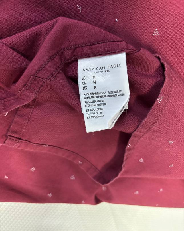 American Eagle Maroon Short Sleeve Geometric Print Button-Down Shirt