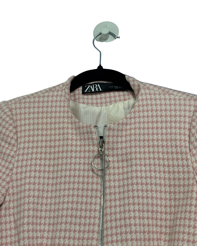 Zara Pink Houndstooth Longline Zippered Jacket