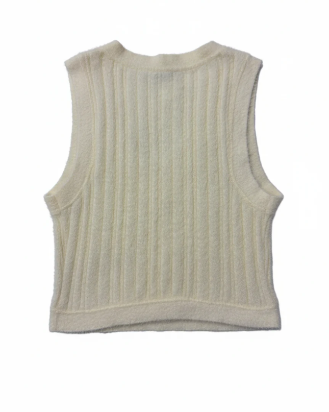 Bershka Pale Yellow Fuzzy Ribbed Knit V-Neck Sweater Vest