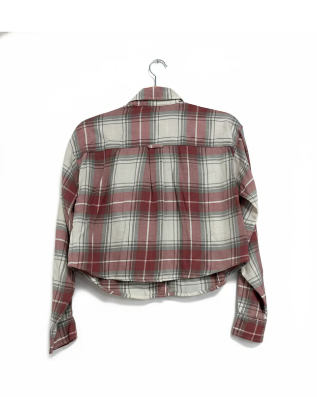 American Eagle Red Plaid Cropped Button-Up Shirt