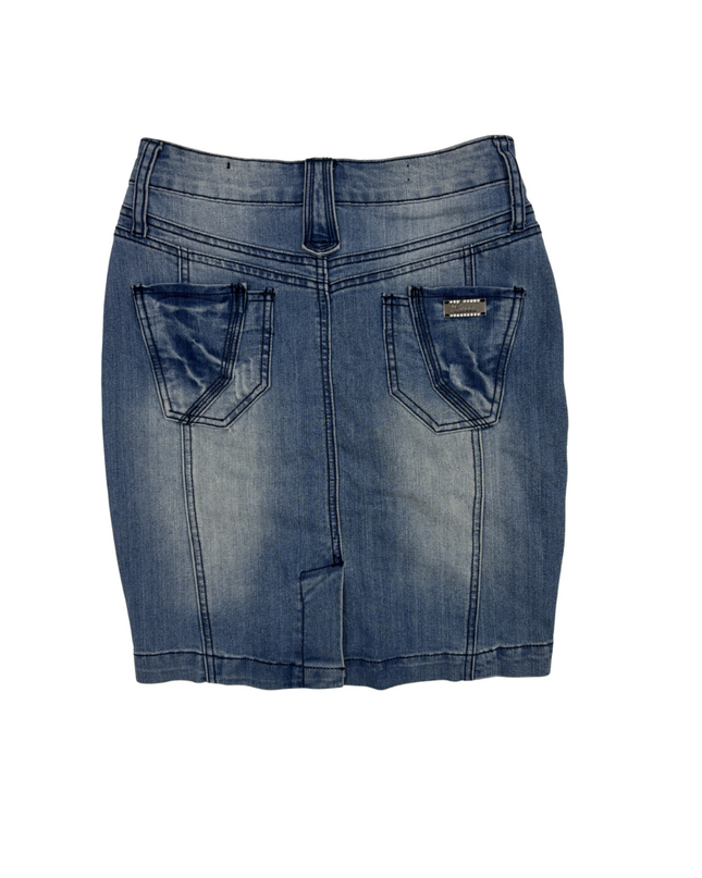 It's Mine Faded Blue Denim Bodycon Mini Skirt - M | Waist: 28"