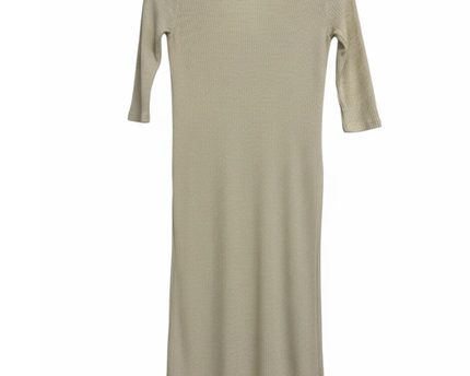 Stradivarius Beige Ribbed Knit Button-Down Midi Dress