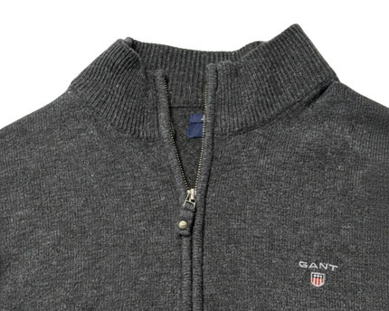 GANT Men's Grey 100% Lambswool Full-Zip Mock Neck Sweater