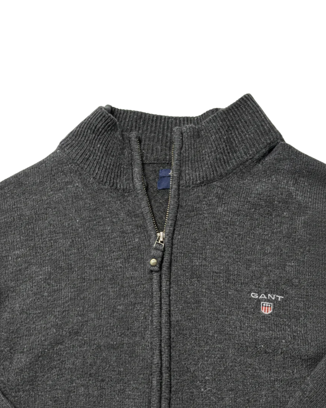 GANT Men's Grey 100% Lambswool Full-Zip Mock Neck Sweater