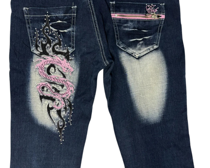 Crazy Age Blue Y2K Tribal Dragon Rhinestone Flare Jeans