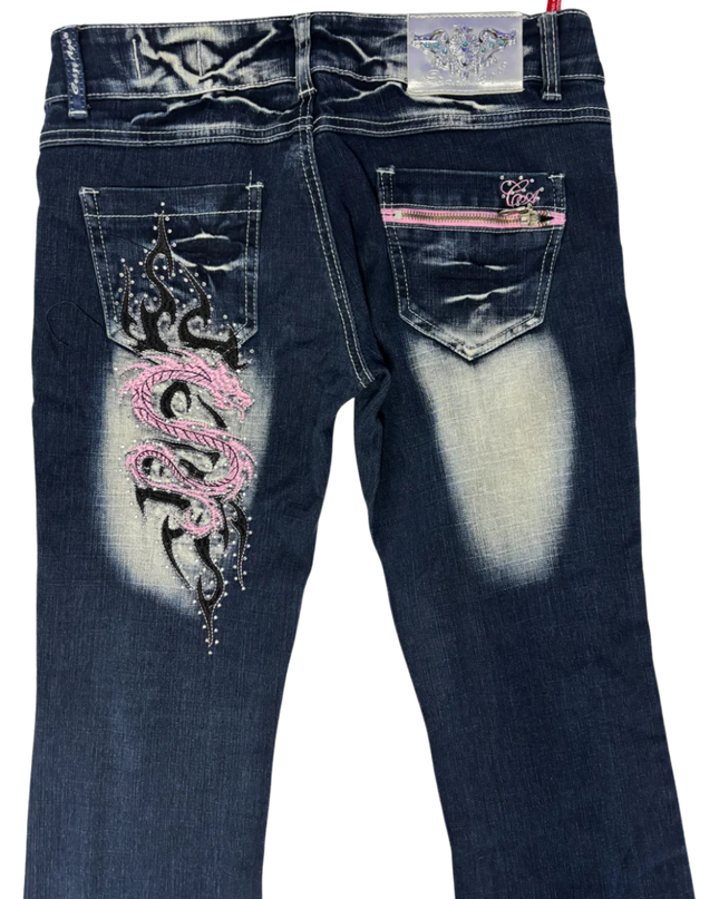 Crazy Age Blue Y2K Tribal Dragon Rhinestone Flare Jeans