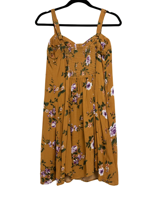 American Eagle Mustard Yellow Floral Button-Front Smocked Dress