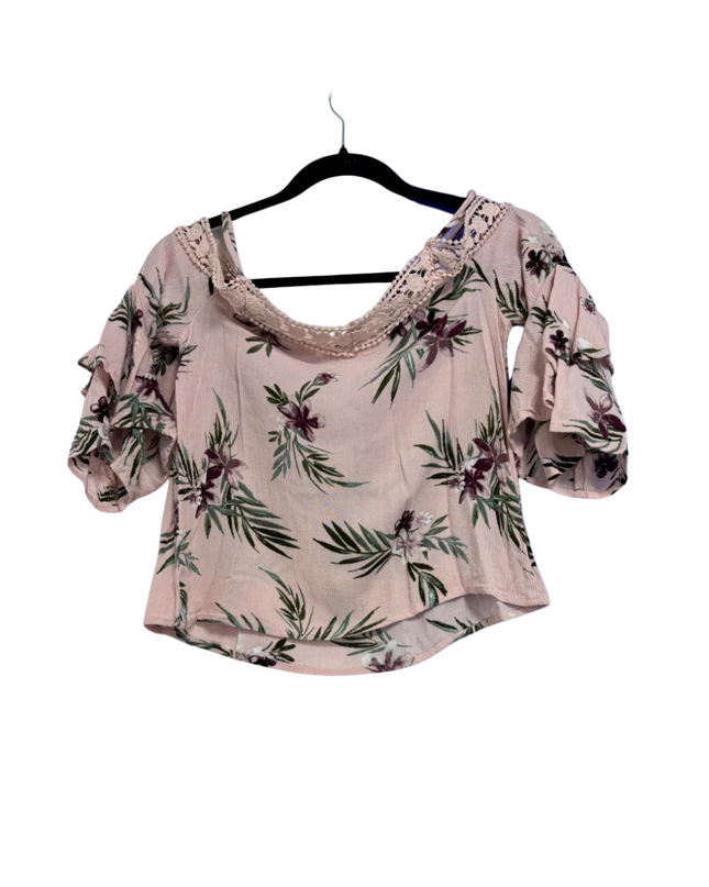 Aéropostale Pink Floral Crochet Cold-Shoulder Blouse
