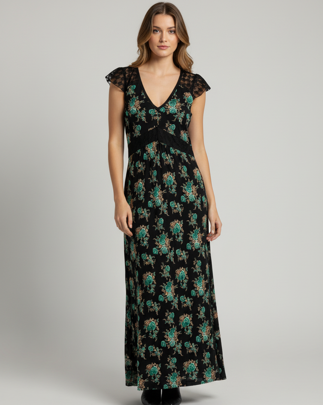 Band of Gypsies Black Floral Lace V-Neck Midi Dress