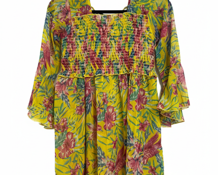 Popwings Yellow Floral Smocked with Bell Sleeves Mini Dress