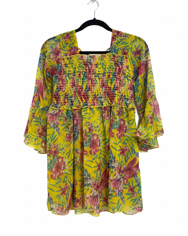 Popwings Yellow Floral Smocked with Bell Sleeves Mini Dress