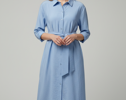 H&M Blue Tie-Waist Long Sleeve Midi Shirt Dress