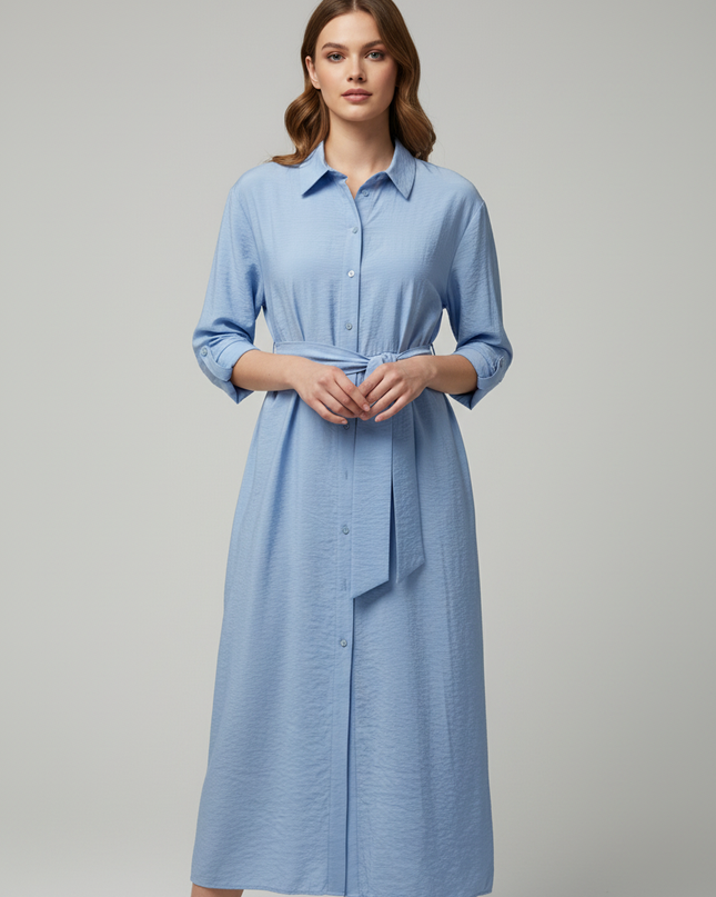 H&M Blue Tie-Waist Long Sleeve Midi Shirt Dress