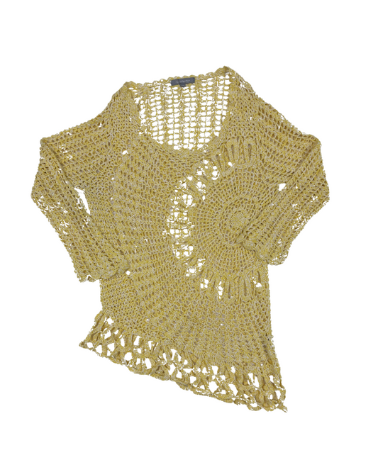 My Collection Sunburst Open-Knit Yellow Crochet Pullover Top - S