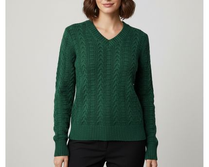 Vintage Forest Green Cable Knit V-Neck Sweater