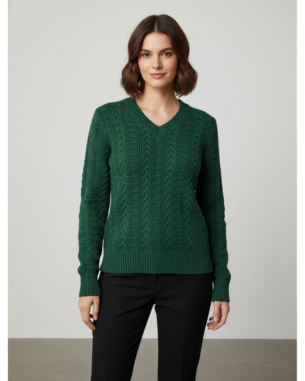 Vintage Forest Green Cable Knit V-Neck Sweater