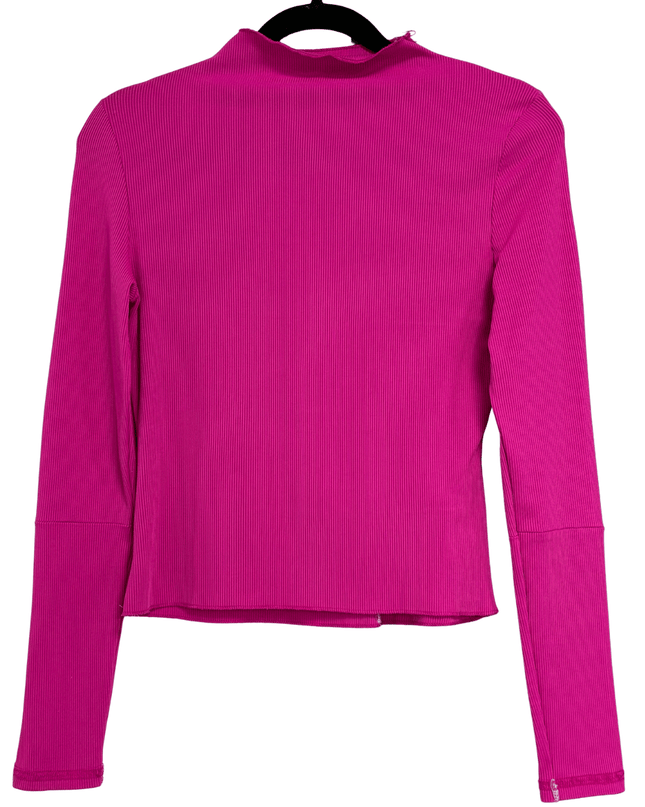 Patch-Stitched Fuchsia Ribbed Long Sleeve Stretch Top