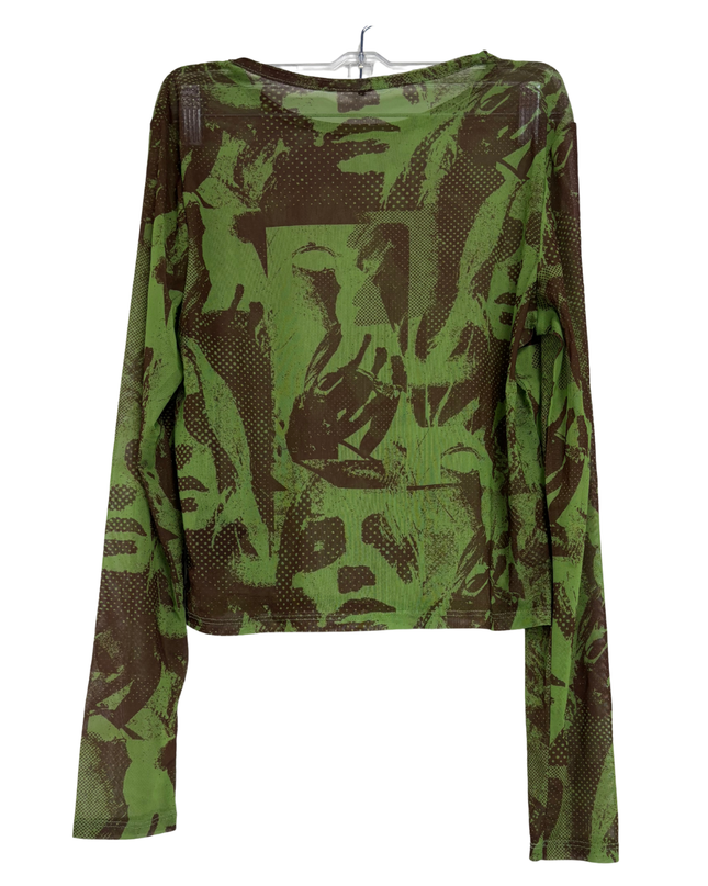 Green & Brown Y2K Sheer Abstract Faces Mesh Long Sleeve Top - S