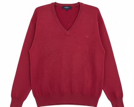Burberry London Red V-Neck Wool Knit Sweater