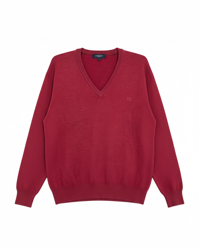 Burberry London Red V-Neck Wool Knit Sweater