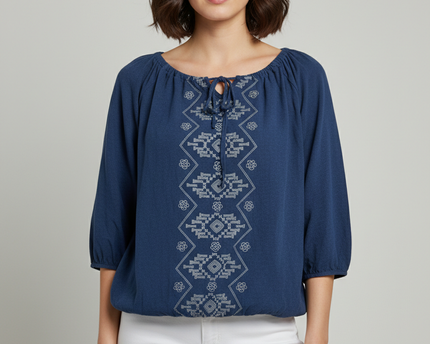REDTAG Blue Embroidered Boho Blouse