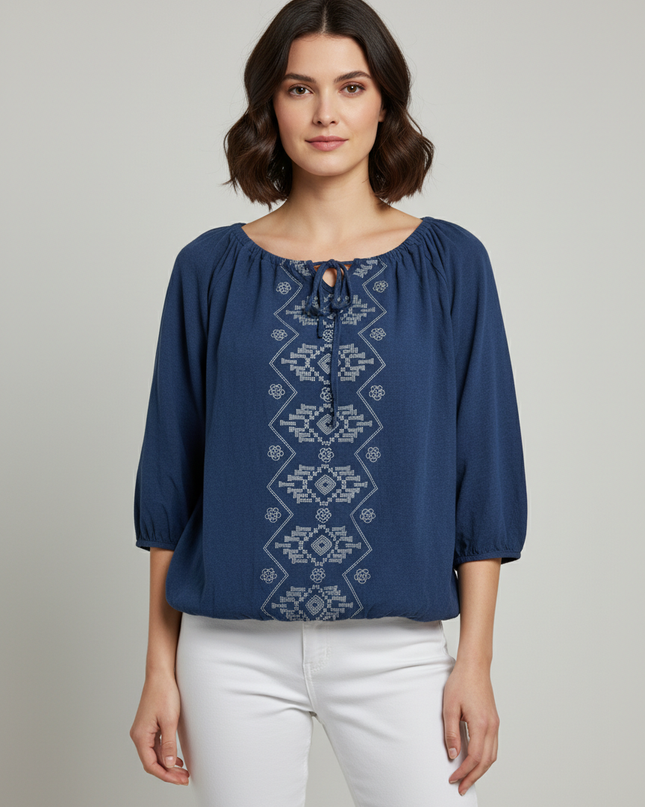 REDTAG Blue Embroidered Boho Blouse